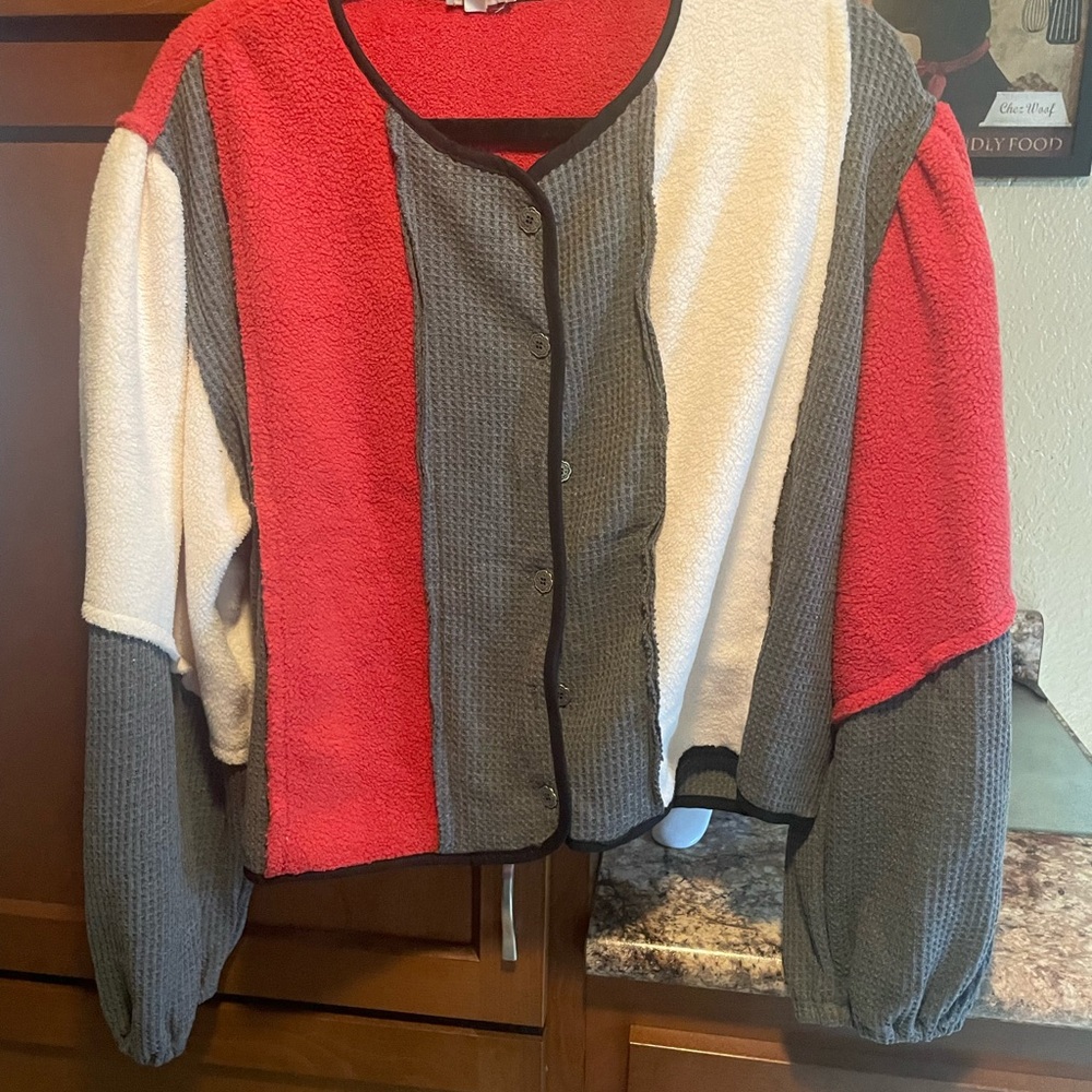 POL Red, White, and Gray Striped Top